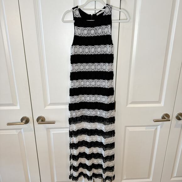 ALICE + OLIVIA Lucia Black White Crochet Racerback Slit Maxi Dress | Small - Picture 2 of 15